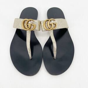 Gucci Gold Metallic Marmont GG Double G Thong Flip Flop Flat Sandal size EU 38.5